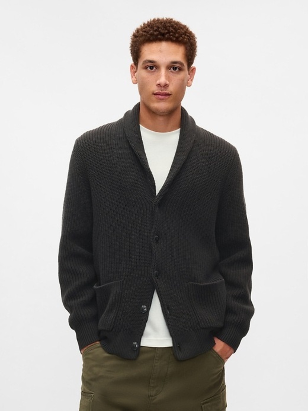 NEW Gap 100% Cotton Shaker Stitch Shawl Collar Cardigan Sweater in Gray, size L